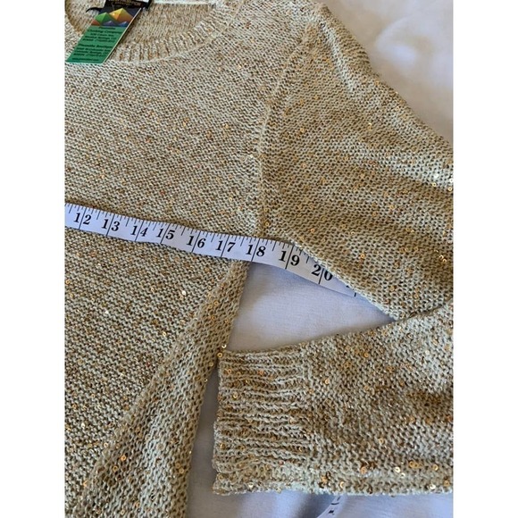 John Fashion Sweater Top Gold Sequin Long Sleeve Open Knit Sharkbite Sz L NEW - Picture 10 of 11
